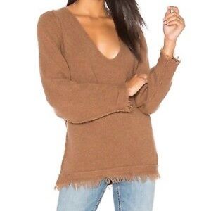 Free People Irresistible wool blend brown frayed deep V sweater Size M